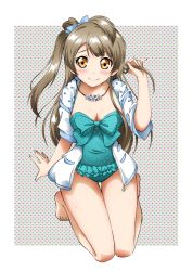 Rule 34 | 10s, 1girl, barefoot, blush, bow, brown eyes, brown hair, casual one-piece swimsuit, frilled swimsuit, frills, gemini nat, hair bow, jacket, jewelry, long hair, love live!, love live! school idol festival, love live! school idol project, minami kotori, necklace, one-piece swimsuit, one side up, ponytail, smile, solo, swimsuit