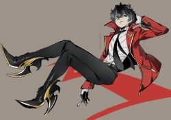 Rule 34 | 1boy, amamiya ren, artist name, belt, black hair, black necktie, blazemalefica, card, cigar, cosplay, gloves, hand on own head, high heels, holding, holding card, jacket, lapel pin, male focus, necktie, open clothes, open jacket, persona, persona 5, persona 5 the royal, popped collar, raoul (persona 5), raoul (persona 5) (cosplay), simple background