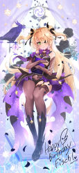 Rule 34 | 1girl, bare shoulders, bird, black flower, black footwear, black gloves, black ribbon, black rose, blonde hair, blush, book, boots, bow, bowtie, bridal gauntlets, brown thighhighs, commentary, dated, dress, eyepatch, fischl (genshin impact), flower, full body, genshin impact, gloves, green eyes, hair over one eye, hair ribbon, happy birthday, highres, holding, holding book, indoors, looking at viewer, matori (penguin batake), open book, oz (genshin impact), petals, purple bow, purple bowtie, purple dress, ribbon, rose, single bridal gauntlet, single glove, single leg pantyhose, single thighhigh, solo, thighhighs, twitter username, two side up, window