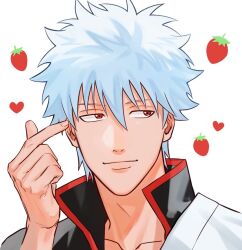 Rule 34 | 1boy, closed mouth, gintama, heart, heart background, jacket, looking to the side, male focus, mirin (coene65), portrait, red eyes, red jacket, sakata gintoki, shaded face, short hair, simple background, solo, strawberry background, white background, white hair