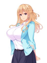 Rule 34 | 1girl, :&gt;, arms behind back, blonde hair, breasts, closed mouth, cowboy shot, eyebrows hidden by hair, female focus, game cg, hair between eyes, high-waist skirt, jacket, large breasts, legs, long hair, looking at viewer, nonomiya ayaka, original, red eyes, shiokonbu, sister lesson, skirt, smile, solo, standing, tachi-e, thighs, transparent background