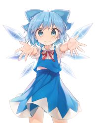 Rule 34 | 1girl, bad id, bad pixiv id, blue dress, blue eyes, blue hair, bow, cirno, dress, hair ornament, hair ribbon, highres, ice, ice wings, incoming hug, looking at viewer, matching hair/eyes, outstretched arms, puffy sleeves, ribbon, shnva, short sleeves, simple background, smile, solo, touhou, white background, wings