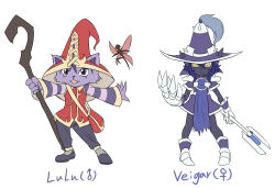 Rule 34 | 1boy, 1girl, character name, furry, gender request, genderswap, hat, league of legends, looking at viewer, lulu (league of legends), nam (valckiry), simple background, staff, veigar, white background, yordle