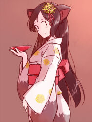 Rule 34 | 1girl, animal ear fluff, animal ears, bowl, brown hair, flower, flower on head, imaizumi kagerou, japanese clothes, kimono, long hair, looking at viewer, obi, open mouth, parted bangs, rangycrow, sash, touhou, very long hair, wolf ears