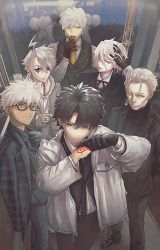 Rule 34 | 6+boys, alternate costume, archer (fate), black-framed eyewear, black footwear, black gloves, black hair, black jacket, black necktie, black pants, black shirt, black suit, black vest, blazer, command spell, commentary request, dark-skinned male, dark skin, eating, facial mark, fate/grand order, fate (series), food, formal, fujimaru ritsuka (male), glasses, gloves, grey suit, height difference, highres, holding, holding food, indoors, jacket, james moriarty (ruler) (fate), jewelry, karna (fate), li shuwen (fate), li shuwen (old) (fate), long sleeves, looking at viewer, makeup, male focus, multiple boys, multiple rings, neck ribbon, necktie, one eye closed, open clothes, open jacket, pale skin, pants, percival (fate), pointy hair, red ribbon, reflection, removing glove, ribbon, ring, shirt, shoes, short hair, smile, suit, vest, white hair, white jacket, white shirt, yellow necktie, yorunue ro