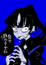 Rule 34 | 1girl, ado (utaite), bags under eyes, black serafuku, blue background, blue eyes, choppy bangs, commentary, dowman sayman, drooling, earclip, empty eyes, fang, furrowed brow, greyscale with colored background, hands up, high ponytail, highres, long hair, long sleeves, looking at viewer, mouth drool, naima (ado), nervous, niconico, open mouth, raised eyebrows, school uniform, serafuku, skin fang, solo, spot color, sweat, translated, upper body, usseewa, utaite, wide-eyed