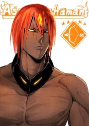 Rule 34 | 1boy, ashwatthama (fate), bara, bare shoulders, character name, dark-skinned male, dark skin, english text, fate/grand order, fate (series), forehead jewel, glowing, glowing eyes, glowing jewelry, large pectorals, looking at viewer, male focus, medium hair, muscular, nipples, pectorals, red hair, semi finalfight, simple background, solo, toned, toned male, topless male, upper body, veins, white background, yellow eyes