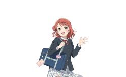 1girl bag bag_charm black_jacket blue_bag blunt_bangs blush braid braided_bun bun_with_braided_base buttons charm_(object) collared_shirt hair_bun hair_ornament hairclip half_updo hands_up highres holding holding_bag jacket long_sleeves love_live! love_live!_nijigasaki_high_school_idol_club love_live!_school_idol_festival_2 medium_hair neck_ribbon nijigasaki_school_uniform official_art open_hand open_mouth palms pink_hair pink_scrunchie plaid_clothes plaid_skirt pleated_skirt red_ribbon ribbon school_bag school_uniform scrunchie shirt shoulder_bag single_side_bun skirt smile solo spread_fingers swept_bangs teeth transparent_background uehara_ayumu upper_teeth_only white_shirt white_skirt winter_uniform yellow_eyes