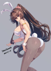 Rule 34 | 1girl, animal ears, artist name, ass, bow, bowtie, brown hair, brown pantyhose, dated, detached collar, fake animal ears, fishnet pantyhose, fishnets, grey background, highleg, highleg leotard, highres, himeyamato, kantai collection, leotard, long hair, looking at viewer, pantyhose, playboy bunny, ponytail, rabbit ears, rabbit tail, signature, solo, strapless, strapless leotard, tail, white leotard, wrist cuffs, yamato (kancolle), yamato kai ni (kancolle)