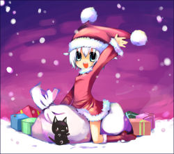 Rule 34 | 1girl, :d, animal, black cat, blush, bobblehat, box, cat, christmas, full body, fur trim, gift, gift box, green eyes, long sleeves, looking at viewer, open mouth, original, pointy ears, sack, santa costume, short hair, silver hair, simple background, smile, solo, straddling, upright straddle