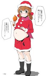 Rule 34 | 1girl, belt, big belly, black footwear, blush, boots, bow, brown hair, character request, chicken (food), chicken leg, closed mouth, commentary request, copyright request, crumbs, dot nose, food, full body, fur trim, furrowed brow, green eyes, hair bow, hand on own stomach, hat, highres, holding, holding food, long sleeves, looking at viewer, looking to the side, low twintails, medium hair, navel, pom pom (clothes), red hat, red neckwear, red shirt, santa hat, scarf, shadow, shigekikkusu, shirt, signature, skirt, solo, speech bubble, split mouth, standing, tareme, translation request, twintails, unbuttoned skirt, white background