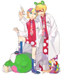 Rule 34 | 00s, 3boys, animal costume, animal ears, arm up, artist name, bear costume, bear ears, bear head, blonde hair, blue eyes, blunt bangs, boots, child, cross-laced footwear, crossed ankles, dual persona, face down, fake animal ears, flower, full body, glasses, hand in pocket, id card, irabu ichirou, kuuchuu buranko, lab coat, leaning, leaning forward, long sleeves, male focus, multiple boys, multiple persona, necktie, necktie grab, neckwear grab, needle, one eye closed, open mouth, polka dot, reka, shoes, shorts, simple background, sneakers, sweat, swept bangs, white background, wink