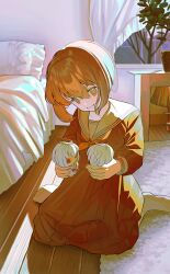 Rule 34 | 1girl, bed, bedroom, brown hair, doll, full body, highres, holding, holding doll, indoors, kagenoyuhi, long sleeves, neckerchief, no shoes, on floor, original, playing, pleated skirt, rug, school uniform, serafuku, short hair, sitting, skirt, smile, socks, solo, wariza, wooden floor