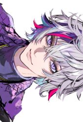 Rule 34 | 1boy, absurdres, ancoo mm, closed mouth, eyelashes, fuwa minato, grey hair, hair between eyes, highres, jacket, looking at viewer, male focus, multicolored hair, nijisanji, one eye closed, open clothes, open jacket, pink hair, portrait, purple eyes, purple hair, purple jacket, shirt, short hair, sidelocks, simple background, smile, solo, streaked hair, virtual youtuber, white background
