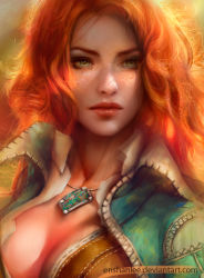 Rule 34 | 1girl, breasts, cleavage, enshanlee, freckles, green eyes, jewelry, lips, looking to the side, medium breasts, necklace, nose, portrait, realistic, red hair, solo, the witcher (series), the witcher 3, triss merigold, wavy hair
