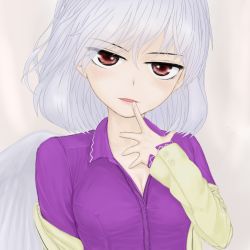 Rule 34 | 1girl, bad id, bad pixiv id, breasts, cleavage, dress, covered erect nipples, finger to mouth, highres, jacket, kishin sagume, lips, maa (maa1), medium breasts, off shoulder, parted lips, purple dress, red eyes, single wing, touhou, white hair, wings