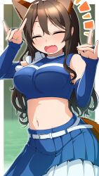Rule 34 | 1girl, ^^^, absurdres, animal ears, ashigara (kancolle), blue shirt, blue skirt, breasts, bridal gauntlets, brown hair, cheerleader, closed eyes, detached sleeves, fang, fox ears, fox shadow puppet, fox tail, highres, hokkaido nippon-ham fighters, kantai collection, kitsune dance, large breasts, layered skirt, long hair, midriff, narashika asuka, nippon professional baseball, open mouth, paw pose, pleated skirt, shirt, skin fang, skirt, sleeveless, sleeveless shirt, smile, solo, tail