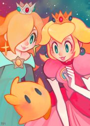 Rule 34 | 2girls, blue dress, blue eyes, bright pupils, commentary, crown, dress, earrings, elbow gloves, english commentary, eyelashes, glitchedpuppet, gloves, hair over one eye, jewelry, lipstick, luma (mario), makeup, mario (series), multiple girls, nintendo, parted lips, pink dress, princess, princess peach, rosalina, sky, smile, sphere earrings, star (sky), starry sky, super mario galaxy, white pupils