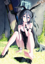 Rule 34 | 1girl, :3, absurdres, alternate costume, animal ears, aris (blue archive), arm strap, ass, bare legs, bare shoulders, barefoot, between legs, black footwear, black hair, black hairband, black leotard, blue archive, blue eyes, bow, bowtie, bright pupils, closed mouth, covered navel, detached collar, fake animal ears, hair between eyes, hairband, halo, hand up, high heels, highres, index finger raised, knees up, leotard, long hair, looking at viewer, no socks, one side up, playboy bunny, rabbit ears, revision, shoes, unworn shoes, single shoe, sitting, smile, solo, strapless, strapless leotard, supersugar, thighs, very long hair, wrist cuffs