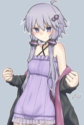 Rule 34 | &lt;boss&gt;, 1girl, artist name, bare shoulders, black jacket, blush, breasts, closed mouth, covered navel, criss-cross halter, dress, frown, grey background, hair ornament, hair tubes, halter dress, halterneck, highres, jacket, long sleeves, off shoulder, open clothes, open jacket, purple eyes, purple hair, purple legwear, short dress, short hair with long locks, sidelocks, simple background, small breasts, solo, upper body, vocaloid, voiceroid, yuzuki yukari