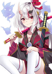 Rule 34 | 1girl, absurdres, blush, commentary request, fang, hair between eyes, hand on own knee, highres, holding, holding sword, holding weapon, hololive, horns, housei fenoru, japanese clothes, katana, kimono, long hair, looking at viewer, mask, mask on head, multicolored hair, nakiri ayame, nakiri ayame (1st costume), oni mask, red eyes, red hair, red kimono, sheath, sheathed, sidelocks, simple background, sitting, skin-covered horns, skin fang, solo, sword, thighhighs, two-tone hair, virtual youtuber, weapon, white background, white hair, white thighhighs, zettai ryouiki