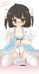 Rule 34 | 1girl, ahoge, black hair, blue dress, blue footwear, blush, borrowed character, bow, bow panties, breasts, chocolate, clothes lift, dress, dress lift, frilled sleeves, frills, garter straps, green eyes, hair bow, happy birthday, highres, lifting own clothes, mini wings, mixing bowl, nose blush, open mouth, original, panties, ri-net, shoes, short sleeves, sitting, small breasts, solo, spatula, thighhighs, twintails, underwear, wariza, white background, white bow, white dress, white panties, white thighhighs, white wings, wings