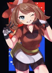 Rule 34 | 1girl, bandana, bike shorts, black gloves, blue eyes, breasts, brown hair, collarbone, collared shirt, creatures (company), eyelashes, fanny pack, game freak, gloves, highres, holding, holding poke ball, looking at viewer, may (pokemon), medium breasts, multicolored clothes, multicolored gloves, nintendo, one eye closed, open mouth, poke ball, pokemon, pokemon rse, red bandana, red shirt, shirt, shorts, solo, teeth, umiru, upper teeth only, white gloves