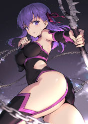 Rule 34 | 1girl, ass, bare shoulders, black dress, breasts, chain, cosplay, covered erect nipples, detached sleeves, dress, fate/stay night, fate (series), female focus, garter straps, hair ribbon, haoni, long hair, matching hair/eyes, matou sakura, medium breasts, medusa (fate), medusa (rider) (fate), medusa (rider) (fate) (cosplay), medusa (rider) (third ascension) (fate), nameless dagger (fate), purple eyes, purple hair, ribbon, sketch, solo, thighhighs, weapon