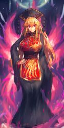 Rule 34 | 1girl, black dress, blonde hair, breasts, chinese clothes, dress, hand on own hip, hat, highres, junko (touhou), large breasts, long hair, looking at viewer, melon22, red eyes, sash, smile, solo, tabard, touhou