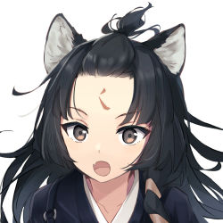 Rule 34 | 1girl, animal ears, arknights, black hair, black kimono, brown eyes, chinese commentary, commentary request, dog ears, dog girl, facial mark, fang, forehead, forehead mark, japanese clothes, kimono, long hair, looking at viewer, open mouth, portrait, renren (ah renren), saga (arknights), simple background, skin fang, solo, topknot, white background