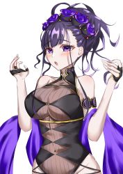 Rule 34 | 1girl, absurdres, armlet, artist request, bare shoulders, black gloves, black hair, black one-piece swimsuit, blush, breasts, covered navel, fate/grand order, fate (series), fingerless gloves, flower, gloves, gold trim, hair flower, hair ornament, hair up, half gloves, highleg, highleg swimsuit, highres, large breasts, long hair, looking at viewer, murasaki shikibu (fate), murasaki shikibu (swimsuit rider) (fate), murasaki shikibu (swimsuit rider) (first ascension) (fate), one-piece swimsuit, open mouth, purple eyes, purple hair, shawl, simple background, swimsuit, thighs, white background
