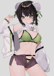 Rule 34 | 1girl, bare shoulders, bebe (bebe pp), bikini, bikini under clothes, black hair, breasts, brown shorts, bun cover, cowboy shot, double bun, fate/grand order, fate (series), green bikini, green eyes, green nails, green ribbon, grey background, hair bun, hand up, highres, jacket, long sleeves, looking at viewer, nail polish, navel, open clothes, open fly, open jacket, qin liangyu (chainsaw of the dead) (fate), qin liangyu (fate), ribbon, short shorts, shorts, simple background, solo, standing, swimsuit, swimsuit under clothes, thighs, white jacket