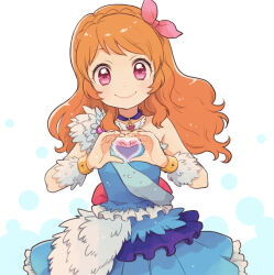 Rule 34 | 1girl, aikatsu!, aikatsu! (series), asami (highway), blue dress, blush, bow, bracelet, braid, closed mouth, commentary request, crown braid, dress, frilled dress, frills, hair bow, heart, heart hands, jewelry, long hair, looking at viewer, ozora akari, orange hair, pink bow, pink eyes, simple background, sleeveless, sleeveless dress, smile, solo, strapless, strapless dress, white background, wrist cuffs