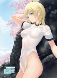 Rule 34 | 1girl, arm behind head, arm up, blonde hair, blue sky, branch, breasts, cherry blossoms, cloud, cloudy sky, coffee-kizoku, covered navel, day, green eyes, highleg, highleg leotard, highres, leotard, looking at viewer, medium breasts, mele retanagua, original, outdoors, page number, shiny skin, short hair, short sleeves, simple background, sky, solo, thighs, water drop, wet