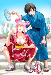 Rule 34 | 1boy, 1girl, albyee, alternate costume, black hair, blue eyes, blue kimono, blue sash, breasts, breasts apart, closed mouth, collarbone, commentary, darling in the franxx, demon horns, double bun, english commentary, eyelashes, eyeliner, fanning face, floral print, full body, hair bun, hairband, hand fan, hand up, hiro (darling in the franxx), holding, horns, japanese clothes, kimono, kimono pull, lantern, large areolae, large breasts, looking at another, looking down, makeup, mixed-language commentary, nipple slip, nipples, obi, obijime, open mouth, outdoors, paper fan, paper lantern, pink hair, print kimono, red eyeliner, red kimono, sandals, sash, short hair, short hair with long locks, sidelocks, sitting, socks, stairs, sweat, sweatdrop, tabi, teeth, uchiwa, upper teeth only, white socks, wide sleeves, yellow sash, yukata, zero two (darling in the franxx), zouri