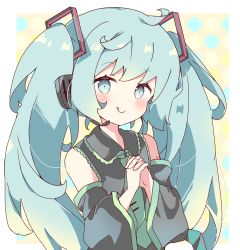 Rule 34 | 1girl, :q, absurdres, black shirt, black sleeves, blue eyes, blue hair, blush, closed mouth, collared shirt, commentary, detached sleeves, green necktie, hands up, hatsune miku, highres, interlocked fingers, long hair, long sleeves, necktie, own hands clasped, own hands together, shirt, sleeveless, sleeveless shirt, smile, solo, tie clip, tongue, tongue out, tsukiyo (skymint), twintails, upper body, very long hair, vocaloid, wide sleeves