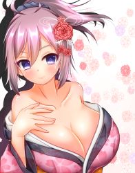 Rule 34 | 10mk, 10s, 1girl, alternate costume, aoba (kancolle), bad id, bad pixiv id, blue eyes, blush, breasts, collarbone, floral background, flower, gradient background, hair flower, hair ornament, hand on own chest, highres, japanese clothes, kantai collection, kimono, large breasts, off shoulder, ponytail, purple hair, short hair, smile, solo