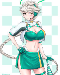 Rule 34 | 1girl, asymmetrical hair, bandeau, blush, braid, braided ponytail, breasts, checkered background, cleavage, cosplay, cowboy shot, cypress, gloves, gotland (kancolle), gotland (kancolle) (cosplay), green gloves, green skirt, hair between eyes, hair ornament, half gloves, hand on own hip, headset, holding, holding umbrella, jitome, kantai collection, large breasts, long hair, looking at viewer, low ponytail, midriff, navel, race queen, revision, short sleeves, shrug (clothing), side slit, sidelocks, silver hair, single braid, skindentation, skirt, smile, solo, standing, thigh strap, twitter username, umbrella, unryuu (kancolle), very long hair, wavy hair, yellow eyes