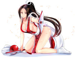 Rule 34 | 1girl, all fours, bare arms, bare legs, bare shoulders, breasts, brown hair, cleavage, collarbone, commentary request, closed eyes, fatal fury, female pubic hair, folded fan, folding fan, forehead, full body, hand fan, high ponytail, highres, holding, holding fan, japanese clothes, japanese flag, kimono, large breasts, long hair, looking at viewer, muka tsuku, naked kimono, obi, outstretched arm, pubic hair, red eyes, red kimono, revealing clothes, rope, sash, shiranui mai, simple background, sleeveless, sleeveless kimono, smile, socks, solo, tassel, the king of fighters, translation request, very long hair, white background, white socks