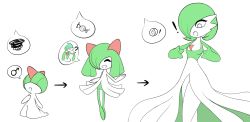 Rule 34 | !, 1boy, 1girl, age progression, breasts, candy, closed eyes, creatures (company), food, full body, gallade, game freak, gardevoir, gen 3 pokemon, gen 4 pokemon, green hair, hair over eyes, hair over one eye, hand up, hands up, highres, kirlia, looking down, multiple views, nintendo, open mouth, pokemon, pokemon (creature), pokemon dppt, pokemon rse, ralts, sealguy, short hair, simple background, small breasts, smile, standing, surprised, tears, trap, white background, white eyes