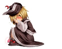 Rule 34 | 1girl, blonde hair, blush, candy, chocolate, chocolate heart, flying sweatdrops, food, hair ornament, hand in own hair, harusame (unmei no ikasumi), hat, heart, highres, long sleeves, looking at viewer, lunasa prismriver, playing with own hair, shirt, sitting, skirt, skirt set, solo, touhou, valentine, vest