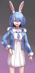 Rule 34 | 1girl, absurdres, animal ear fluff, animal ears, blue hair, blue jacket, blue necktie, choker, commentary, cowboy shot, dress, english commentary, hand on own hip, highres, hololive, jacket, long sleeves, looking at viewer, mac star, necktie, open clothes, open jacket, open mouth, rabbit ears, red eyes, sailor collar, sailor dress, short hair, smile, solo, teeth, upper teeth only, usada pekora, usada pekora (casual), virtual youtuber, white choker, white dress, white sailor collar