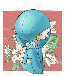 Rule 34 | 1girl, alternate color, averting eyes, blue hair, blue skin, blush, bob cut, border, colored skin, creatures (company), ear blush, female focus, flat chest, floral background, flower, game freak, gardevoir, gen 3 pokemon, hair over one eye, hand to own mouth, hand up, highres, looking to the side, multicolored skin, nintendo, one eye covered, outside border, pochi (01 01pochi), pokemon, pokemon (creature), red background, shiny pokemon, short hair, shy, solo, two-tone skin, white border, white flower, white skin, yellow eyes