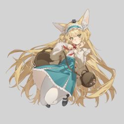 Rule 34 | 1girl, animal, animal ear fluff, animal ears, animal on head, arknights, bag, basket, black footwear, blonde hair, blue skirt, bow, bowtie, commentary, fox ears, frilled hairband, frills, green eyes, grey background, hairband, hands up, heixiu, high-waist skirt, highres, holding, holding basket, lai dou laile 555, long hair, long sleeves, looking at viewer, luo xiaohei zhanji, official alternate costume, on head, pantyhose, parted lips, red bow, red bowtie, shirt, simple background, skirt, solo, suzuran (arknights), suzuran (spring praise) (arknights), very long hair, white pantyhose, white shirt