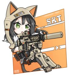 Rule 34 | 1girl, animal ears, animal hat, bike shorts, black hair, black shorts, brown footwear, brown gloves, brown hat, cat ears, cat tail, chibi, commentary, english commentary, fake animal ears, gloves, green eyes, grey shirt, gun, hair between eyes, hat, holding, holding gun, holding weapon, multicolored hair, original, parted lips, shirt, shorts, solo, srtdrawart, suppressor, tail, two-tone hair, v-shaped eyebrows, weapon, weapon request, white hair