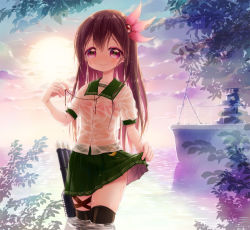 Rule 34 | 10s, 1girl, black thighhighs, blush, bra, brown eyes, brown hair, crescent, flower, green skirt, hair flower, hair ornament, kantai collection, kisaragi (kancolle), looking at viewer, machinery, minami (apricot tea), partially submerged, pink bra, pleated skirt, see-through, skirt, skirt hold, smile, solo, sun, thighhighs, underwear, wading, wet, wet clothes