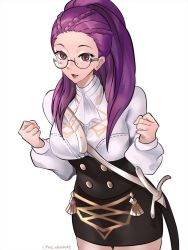 Rule 34 | 1girl, bespectacled, facial mark, fire emblem, fire emblem: three houses, garreg mach monastery uniform, glasses, highres, long hair, long sleeves, nintendo, open mouth, petra macneary, ponytail, purple hair, scabbard, sheath, sheathed, simple background, solo, sword, tommy (kingdukeee), twitter username, uniform, weapon, white background