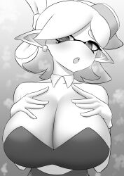 Rule 34 | 1girl, :o, absurdres, blush, breasts, cephalopod eyes, cleavage, collarbone, detached collar, earrings, female focus, gloves, gradient background, greyscale, hands on own chest, highres, huge breasts, jewelry, jumpsuit, marie (splatoon), medium hair, mole, mole under eye, monochrome, nintendo, open mouth, pero (pero7762), pointy ears, single earring, solo, splatoon (series), splatoon 1, standing, steaming body, teeth, tentacle hair, upper body, upper teeth only