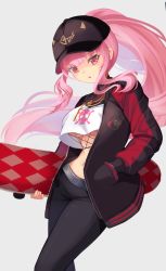 Rule 34 | baseball cap, black hat, black jacket, black pants, blunt bangs, breasts, cleavage, crop top, cropped shirt, fishnets, halter shirt, halterneck, hat, highres, hololive, hololive english, hoshino aoi (la huynh hai than), jacket, jewelry, large breasts, long hair, mori calliope, mori calliope (streetwear), necklace, official alternate hairstyle, pants, pink eyes, pink hair, ponytail, see-through, see-through cleavage, sidelocks, straight hair, sweatpants, tank top, track jacket, track suit, underboob, virtual youtuber, white tank top