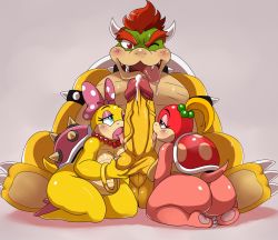 Rule 34 | ass, blonde hair, blue eyes, blush, bow, bowser, bracelet, breasts, claws, eric lowery, feet, fellatio, furry, hair bow, high heels, highres, jewelry, large breasts, licking, licking penis, mario (series), nintendo, nude, oral, penis, pom pom (mario), ponytail, precum, precum string, red eyes, red hair, reptile girl, saliva, shiny skin, shortstack, size difference, spiked shell, super mario 3d land, super mario bros. 3, tail, testicle grab, testicles, thick lips, thick thighs, thighs, tongue, tongue out, uncensored, wendy o. koopa